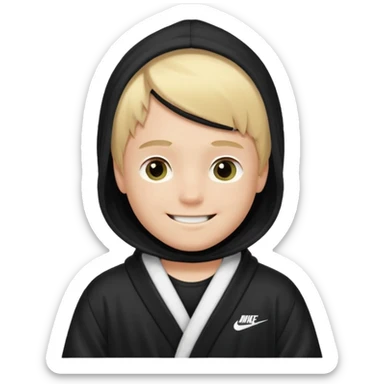 Create a blond boy with long, messy hair, light eyes, a white t-shirt, rich, with long hair, blue eyes, medium-length, voluminous hair, wearing a black Nike bathrobe and a little blush near his nose. and with a balaclava like a ninja sticker