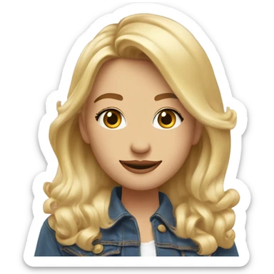 fille blonde, cheveux raides, yeux bleus, sourcils blonds, tête inclinée, lèvres roses, sourire, veste en jean sticker