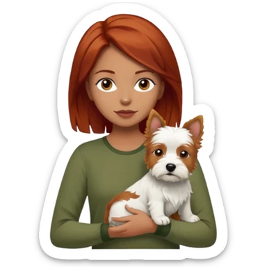 Westhighland white terrier dog being held by woman with dark shoulder length red hair and hazel eye wearing olive green top sticker