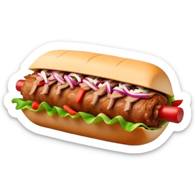 Cinematic Realistic Doner Kebab Dish Emoji, showcasing succulent, spiced meat shaved from a rotating spit rendered with lifelike detail and dynamic, appetizing lighting. sticker