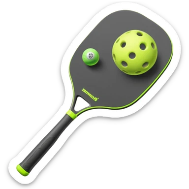 Modern Pickleball paddle graphite without holes, dark grey. 1 Pickleball ball beside or on top the paddle florescent green at 45 degrees sticker