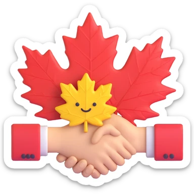 emblem representing a Canadian union, featuring a maple leaf and handshake, 3D emoji style sticker