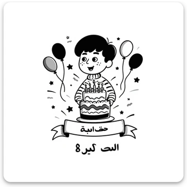 A very colorful, vibrant illustration of a happy little boy celebrating with a birthday cake with lit candles, colorful balloons and decorations. Include large, clear Persian text at the bottom that says: "امیدرضا جان تولدت مبارک" sticker