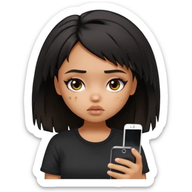 generate a pretty bratz girl with short black very messy dirty hair, looking tired and using her phone, wearing an oversized black tshirt sticker