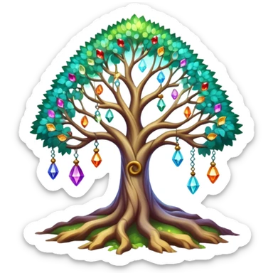 Spiritual magical ethereal tree with colorful crystals hanging in it sticker