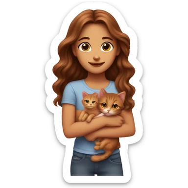 A girl with long wavy brown hair and brown eyes holds a small red kitten sticker