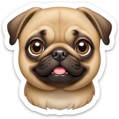 Cinematic Comical Fawn Pug Portrait Emoji, Head tilted dramatically with an exaggeratedly amused expression, featuring a glossy fawn coat with a smooth finish, wide, expressive dark eyes filled with playful disbelief, Simplified yet hilariously expressive features, highly detailed, glowing with a slightly sassy glow, high shine, dramatic yet playful, stylized with an air of cheeky mischief, bright and endearing, soft glowing outline, capturing the essence of a spirited and over-the-top companion, so meme-worthy it feels like it could side-eye its way into internet fame instantly! sticker