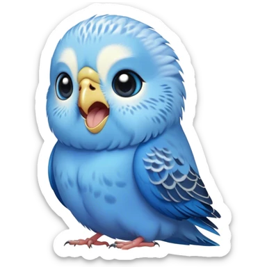 Cinematic Cute Yawning Blue Budgie Portrait Emoji, Head tilted slightly with a dramatic, wide-open yawn, showcasing a soft, downy blue feathered fur with gently drooping wings, round dark eyes barely open in drowsy contentment, Simplified yet irresistibly adorable features, highly detailed, glowing with a soft, cozy glow, high shine, relaxed yet expressive, stylized with a touch of whimsy, bright and endearing, soft glowing outline, capturing the essence of a sleepy yet affectionate budgie, so drowsy it feels like it could stretch out of the screen and curl up for a nap! sticker