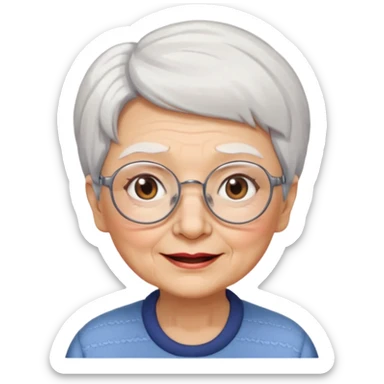 Create me emoji of an old lady. Short white hair to left side. Square glasses. Brown eyes. Rounded really big and wide face. Wide nose. Big mounth sticker