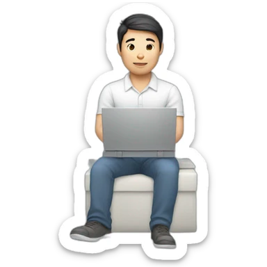 Asian white man with computer with taking lot of responsibility of work and family sticker