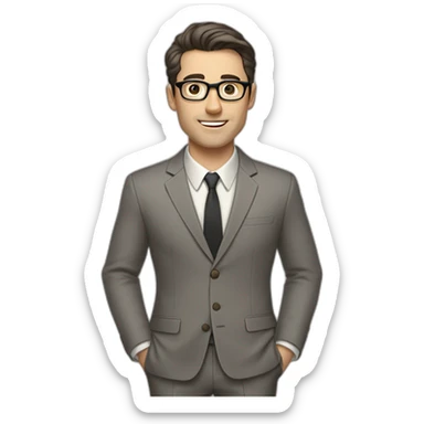 Full height Pale skinned Fit Man With dark brown hair in classic gray suit, beige office shirt, dark gray tie, and vintage glasses. His right hand stretched out sticker
