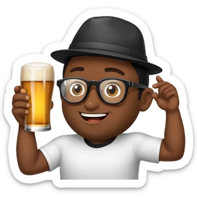 criar emoji de homem loiro com óculos escuros pretos esportivos, lata de cerveja na mão e boné preto na cabeça sorrindo sticker