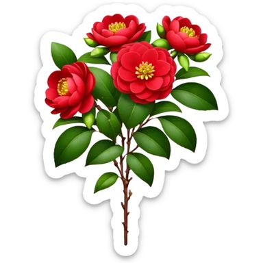 bouquet Red Camellia, luxuriant, stem, leaf, bud sticker