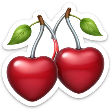 A pair of cherries emoji made of polished silver chrome, smooth rounded shapes, glossy metallic finish, soft highlights and reflections, cute proportions, iOS emoji style, centered, clean white background, no text sticker