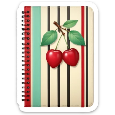 Cute vintage notebook cover, mint and cream vertical stripes, red spine
Hand-drawn cherries with leopard bow, playful feminine aesthetic
Flat illustration, clean composition, soft retro color palette sticker