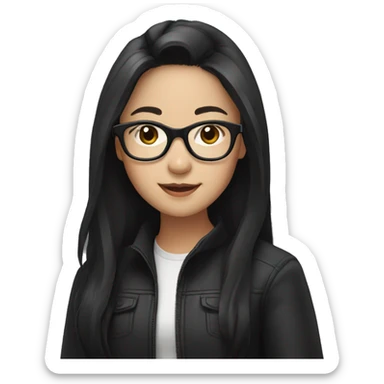 Asian girl with long black hair and clear glasses wearing black jacket sticker