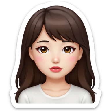 “japanese style Emoji brunette girl long hair with side bangs white top, dewy skin, heavy blush across cheeks and nose bridge, glossy cherry lips, soft eyeliner, teary sparkling eyes sticker