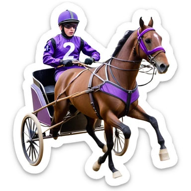 A high-speed harness racing scene featuring a powerful brown trotting horse. The sulky, a lightweight two-wheeled cart, is painted in black and attached to the horse’s harness. A driver, dressed in purple, is seated in the sulky, gripping the reins tightly and wearing a purple helmet with goggles. sticker