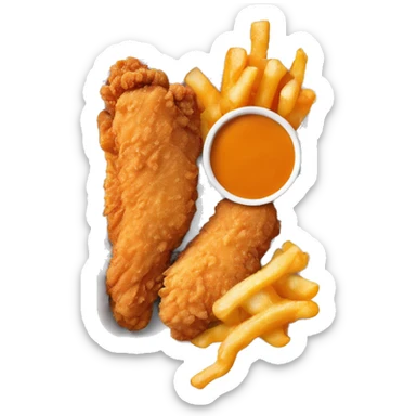 3 chicken tenders with crinkle fries and orange sauce on the side in a styrofoam container styrofoam container sticker
