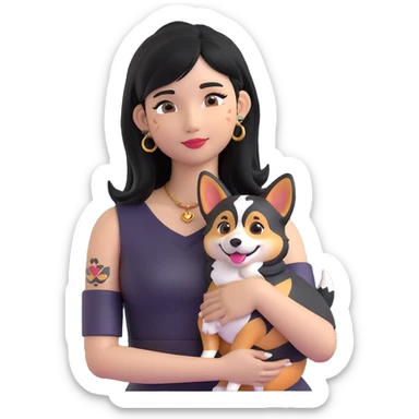 expressive emoji of an Asian girl with long black hair with wispy deep side-parted bangs, false lashes, a 3/4th sleeve tattoo on her left arm, wearing a black sleeveless leather dress with gold earrings, hugging a joyful tri-color Corgi, simple emoji-like, 3D emoji style sticker
