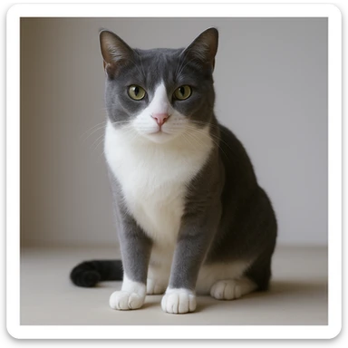 Edit the cat image to have fur only gray on top with no stripes, keep the white nose and underbelly, in a realistic style with lifelike details. sticker