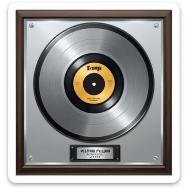 A platinum music award plaque: a square, polished platinum plate with a subtly textured, mirror-like finish, mounted on a simple dark wood base. The center features a relief of a or stylized vinyl record in a slightly darker metallic tone.  sticker