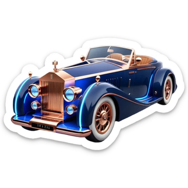 dark blue led lights on a streamlined channeled hot rodded delicately inlaid rose gold and wood accentuated sporty 1889 Rolls Royce with futuristic electric spaceship plasma neon glowing motors and lightening dynamos with wide racing wheels that are held strong by advanced suspension and steering sticker