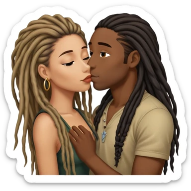 Latina Woman with long hair kissing a young black guy with dreads chin hair sticker