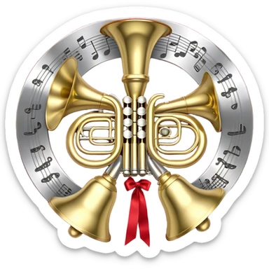 Create a festive and elegant emoji collage featuring a bouquet or fan of brass instrument bells (trumpets, saxophones, trombones, etc.) arranged in a radiant, symmetrical pattern. The instruments should have polished, golden and silver finishes, with their large, shiny bells forming a beautiful, fan-like display. Include a flowing ribbon of musical notes swirling through the center, conveying movement and melody. The background should feature a deep red velvet texture, adding a touch of luxury and sophistication. The overall composition should be balanced, with an elegant and regal feel, with a transparent background to keep focus on the instruments and musical elements. sticker
