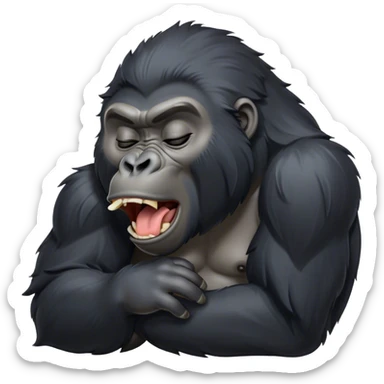 Cinematic Cute Yawning mountain Gorilla Portrait Emoji, Head tilted slightly with a dramatic, wide-open yawn, showcasing a formidable build with a black and greyy mane and drowsy, half-closed eyes, Simplified yet irresistibly adorable features, highly detailed, glowing with a soft, cozy jungle glow, high shine, relaxed yet expressive, stylized with a dash of whimsical primate charm, soft glowing outline, capturing the essence of a drowsy yet affectionate guardian that appears ready to stretch out for a nap! sticker