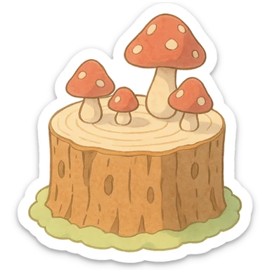 tree stump cake topped with mushrooms, forest dessert concept, soft pastel colors, ghibli style sticker