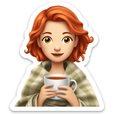 beautiful girl with red hair sits in a blanket and holds a mug of tea sticker
