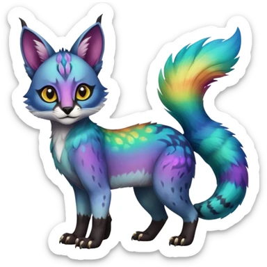 Colorful tropical tribal pale light fruity pastel white glorious iridescent divine exotic cute albino neon vibrant zigzagged cool beautiful fantasy-caracal-civet-genet-sergal-vernid-Gryphon-Cacomistle-Trico-oncilla-animal-Fakémon-hybrid-fursona (full body), facial markings,  sticker