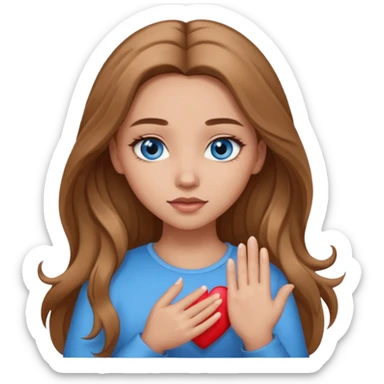A girl with makeup, long light brown hair, blue eyes her hands on her heart sticker