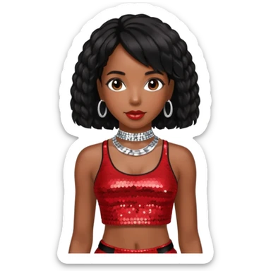Kelly Rowland with black hair, red sequin crop top and neck bracelet sticker