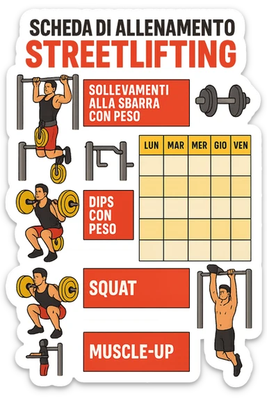 a streetlifting training sheet with icons for each exercise—weighted pull-ups, weighted dips, squats, muscle-ups—organized in a weekly schedule. Around the sheet, small illustrations show athletes performing each movement with proper form. The color palette is bold and energetic, and the background is clean and minimal. in italiano sticker
