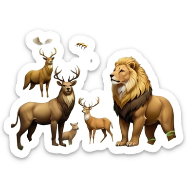 Collage of wild animals: a majestic bear in a lush green forest, a roaring lion on the savanna, a soaring eagle in the sky, and a graceful deer in the misty woods. A vibrant and detailed nature scene, capturing the beauty of wildlife. Transparent background. sticker