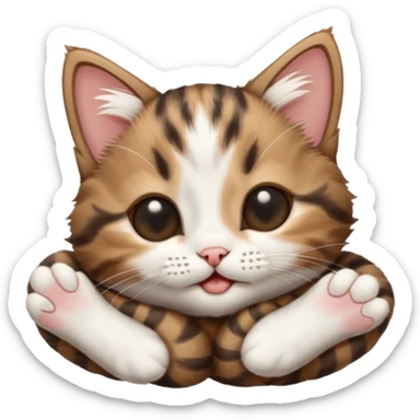 dark brown tabby and white kitten in funny positions upside down with eyes closed sticker
