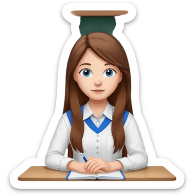 high school class room with a pretty female high school student with long brown hair, blue eyes sitting in front of the blackboard sticker