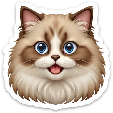 cinematic-adorable-big-eyed-fluffy-brown ragdoll-cat-portrait-emoji,-head-tilted-playfully-with-a-cute,-yawn,-white and brwon fur,-simplified-yet-irresistibly-cute-features, blue eyes sticker