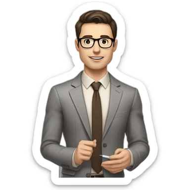 Pale skinned fit man with dark brown hair in gray jacket, beige office shirt, brown tie, brown pants and vintage glasses Writing on the marker board sticker