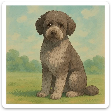 illustration of a roan Lagotto Romagnolo dog, sitting, soft background, ghibli style sticker