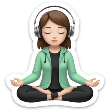 White girl, brown hair meditating with headphones on and black and pastel green clothes, eyes closed sticker