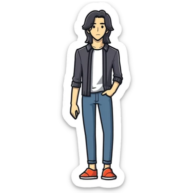 full body very skinny male figure standing wearing clothes with long hair sticker
