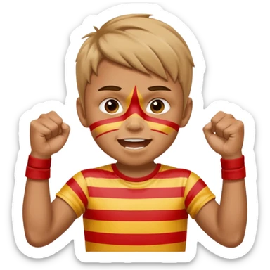 A boy with stripes face paint across his cheeks, raising his fists in excitement. sticker