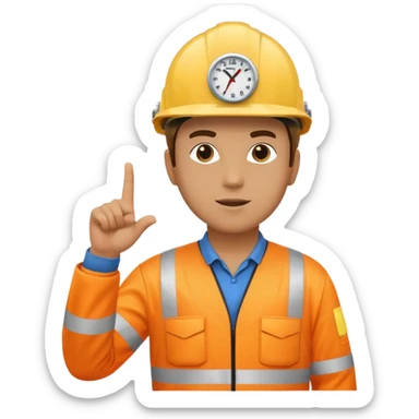 a guy wearing safety outfit with helmet standing and pointing finger to 3 oclock direction sticker