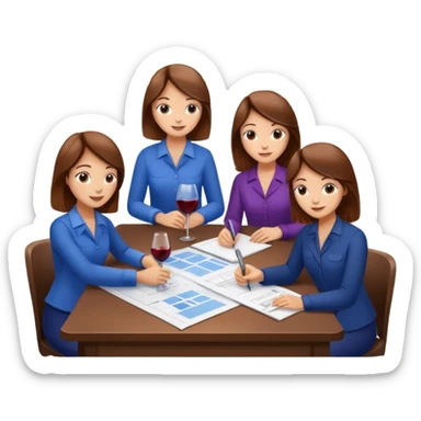 Make a photo of 5 project managers, specifically 3 girls with brown hair and 2 boys, that are making project for improvement of the winery sticker