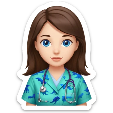 pretty brunette nurse with long hair and blue eyes in dinosaur pattern scrubs sticker