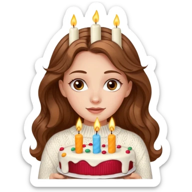A pretty white girl with hazel brown eyes and long brown wavy hair in a cosy white knit sweater, she is celebrating her birthday sticker