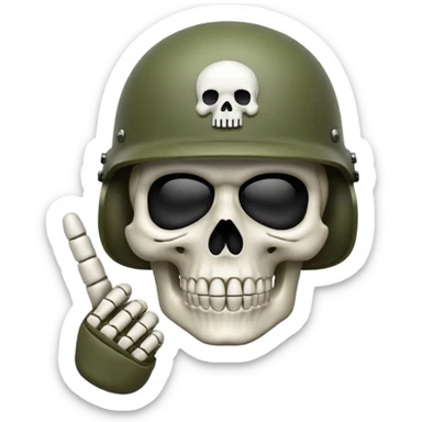 A bold emoji-style white skull wearing a realistic modern army helmet, making a shushing gesture (index finger bone held up to mouth area). Clean vector style,modern emoji aesthetic.The helmet has detailed realistic texture. No body, just the skull and helmet sticker